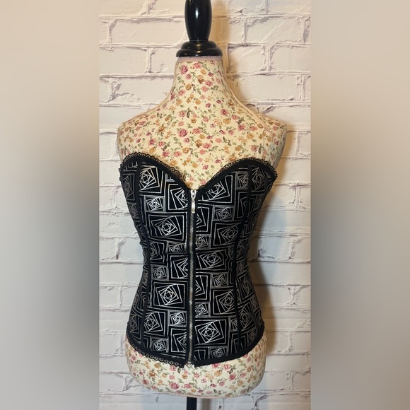 Black Silver Zip Front Back Lace Corset Size Small - Picture 1 of 4